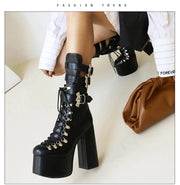 Gothic Style Black Platform Boots Bat Wings Sexy Clube Night Modern Boots Women Mid Calf Ankel Buckle Strap Plus Size 46