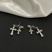 Goth Style Inlaid Rhinestone Clip Pendent Cross Stud Earrings For Lady Personality Versatile Daily Temperament Earrings Jewelry
