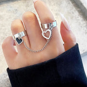 Gothic Black Bat Wing Cross Chain Rings Y2K Kpop Dark Crystal Heart Zircon Cross Ring Goth Grunge Egirl Irregular Double Rings