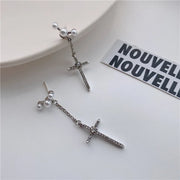 Gothic Cross Pearl Dangle Earrings for Women Elegant Tassels Sparkling Zircon Rhinestone Romantic Ear Accessorie Fashion Jewelry