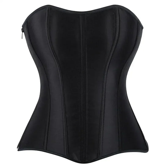 Gothic Black Satin Overbust Corset Top for Women Sexy Lace-Up Side Zipper Waist Bustiers Body Shaper Lingerie