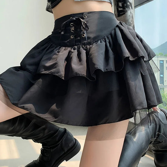 Korean Fashion High Waist Cake Skirts Women Sexy Gothic Punk Black Y2K Skirts Female Lace-Up Students Ruffles A-Line Skirt