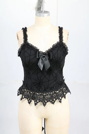 ROSEGAL Gothic Corset Black Spider Web Flocking Applique Lace Trim Bowknot Lace-up Back Corset Tops For Ladies
