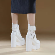 14CM Women Chunky Ankle Boots Leather cosplay Round Toe Platform Knight Boots Shoes High Heels Black White Thick Heel Lace Up