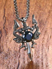 1 Gothic Style Women's Ancient Silver-color Evil Dragon Gem Pendant Necklace Personalized Fashion Street Sweater Chain Jewelry