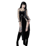 Goth Dark Punk Grunge Lace Up Maxi Dress 90s Streetwear Gown Women Sexy Bandage Velvet Dresses Y2k New Harajuku Gothic Clothing