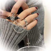 Gothic Black Bat Wing Cross Chain Rings Y2K Kpop Dark Crystal Heart Zircon Cross Ring Goth Grunge Egirl Irregular Double Rings