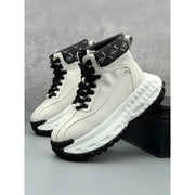 Trendy Men's High-Top  Boots Leather Surface Spor Casual Thi Bot Workwear oes round Toe Flat Heel Pure Color