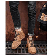 Men's High-top Boots in Solid Color Retro Style Fashionable Flat and Durable Handcrafted All-season Outdoor Work Boots