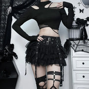 Black Women Punk High Waisted Goth Skirt Sexy Pleated Mini Skirt with Chain E Girl Lace-Up Tie PU Leather Corset Y2K Crop Tops