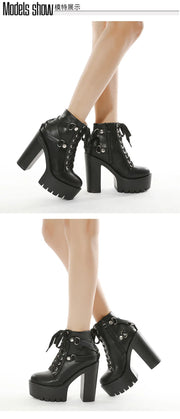 2025 Women's Black Gothic High Heel Ankle Boots Sexy Chain Punk Style Patent Leather Platform Boots Lace Up Motorcycle Boots