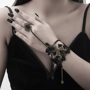 Sexy Gothic Oval Black Imitation Gemstone Round Bead Tassels Lace Bracelet Connected Ring for Women Creative Personality Jewelry