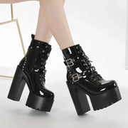 14CM Women Chunky Ankle Boots Leather cosplay Round Toe Platform Knight Boots Shoes High Heels Black White Thick Heel Lace Up