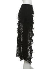 2025 Spring Black Gothic Vintage Skirts Women Sexy High Waist Lace Ruffles Patchwork Irregular Y2k Long Skirts Party Clubwear
