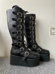 Women Boots Cosplay Ladies High Heel Platform Wedges Women High Boots Gothic Buckle Strap Long Tube Leather Female Boots Plus Si