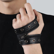 Black Gothic Big Wide Leather Bracelet with Zipper Rivet Wrap Bracelets for Men Women High Quality Button Adjustable Wristbands