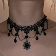 Gothic Punk Sexy Lace Black Crystal Pendent Necklace for Women Teens Girls Beads Flower Collar Necklace Rock Jewelry Gifts Party