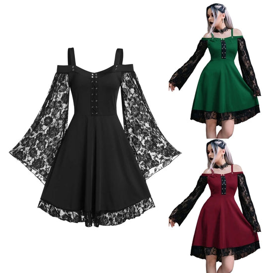Gothic Punk Girls Midi Dress Sexy Lace Patchwork Long Flare Sleeve Dress Women Harajuku Cold Shoulder Strappy Halloween Sundress