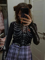 Gothic Punk Shirt 2000s Women Skeleton Pattern Round Neck Long Sleeve Crop Top Black Dark Academia Clothes y2k Tees Streetwear