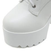 Gdgydh Women's Chain Decor Block Heeled Boots Fashion Lace Up Side Zipper Platform Boots Stylish Ankle Boots High Heels