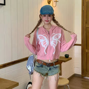 Gothic Style Butterfly Hooded Jacket Women American Spicy Girl Short Zip Up Cardigan Coat Autumn Y2K Retro Knitted Outerwear