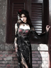 Dark Goth Elegant Mall Gothic Women Evening Dresses Grunge Aesthetic E-girl Velvet Midi Dress Lace Splice Sexy Split Alt Outfits