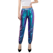 Women's Mid Waist Solid Colour Shiny Glossy Sweatpants Nine Minute Pants Fashion hip-hop trousers Disco Bottoms