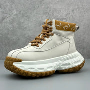 Trendy Men's High-Top  Boots Leather Surface Spor Casual Thi Bot Workwear oes round Toe Flat Heel Pure Color