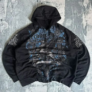 Gothic Affliction Hoodie New Retro Wing Pattern Printing Oversize Zipper Coat Men Women Hip Hop Personality Casual Sweatshirt