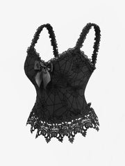 ROSEGAL Gothic Corset Black Spider Web Flocking Applique Lace Trim Bowknot Lace-up Back Corset Tops For Ladies