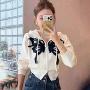 Gothic Style Butterfly Hooded Jacket Women American Spicy Girl Short Zip Up Cardigan Coat Autumn Y2K Retro Knitted Outerwear