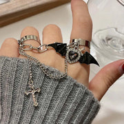 Gothic Black Bat Wing Cross Chain Rings Y2K Kpop Dark Crystal Heart Zircon Cross Ring Goth Grunge Egirl Irregular Double Rings