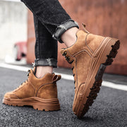 Men's High-top Boots in Solid Color Retro Style Fashionable Flat and Durable Handcrafted All-season Outdoor Work Boots