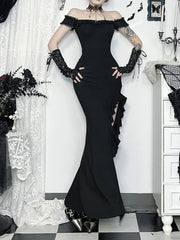 AltGoth Coquette Sexy Elegant Dress Women Gothic Dark Aesthetic Fairycore Grunge Off-the-shoulder Lace Patchwork Party Dresses
