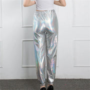 Women's Mid Waist Solid Colour Shiny Glossy Sweatpants Nine Minute Pants Fashion hip-hop trousers Disco Bottoms