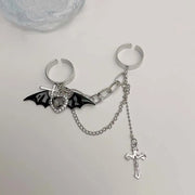 Gothic Black Bat Wing Cross Chain Rings Y2K Kpop Dark Crystal Heart Zircon Cross Ring Goth Grunge Egirl Irregular Double Rings