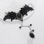 Sexy Gothic Oval Black Imitation Gemstone Round Bead Tassels Lace Bracelet Connected Ring for Women Creative Personality Jewelry