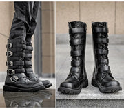 Men's Punk Gothic Biker Boots Tall Harness Buckle Side Zipper Riding Boots for Cosplay Costume Performance Comfortable Black