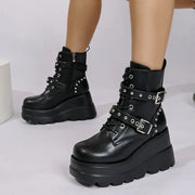 New Women's Pu Leather Ankle Boots Women Autumn Winter Round Toe Lace Up Shoes Woman Motorcycle Platform Botas Gothic Shoes