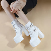 14CM Women Chunky Ankle Boots Leather cosplay Round Toe Platform Knight Boots Shoes High Heels Black White Thick Heel Lace Up