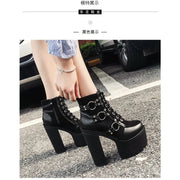 2025 Women's Black Gothic High Heel Ankle Boots Sexy Chain Punk Style Patent Leather Platform Boots Lace Up Motorcycle Boots