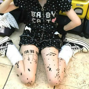 Gothic Music Notes Print Tights for Women Personalized Stocking Thin High Elasticity Black Skin Leggings Spicy Girls Y2K Hosiery