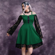Gothic Punk Girls Midi Dress Sexy Lace Patchwork Long Flare Sleeve Dress Women Harajuku Cold Shoulder Strappy Halloween Sundress
