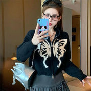 Gothic Style Butterfly Hooded Jacket Women American Spicy Girl Short Zip Up Cardigan Coat Autumn Y2K Retro Knitted Outerwear