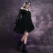 Gothic Punk Girls Midi Dress Sexy Lace Patchwork Long Flare Sleeve Dress Women Harajuku Cold Shoulder Strappy Halloween Sundress