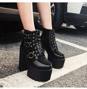 2025 Women's Black Gothic High Heel Ankle Boots Sexy Chain Punk Style Patent Leather Platform Boots Lace Up Motorcycle Boots