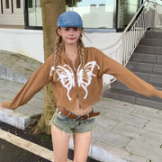 Gothic Style Butterfly Hooded Jacket Women American Spicy Girl Short Zip Up Cardigan Coat Autumn Y2K Retro Knitted Outerwear