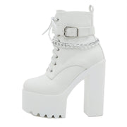 Gdgydh Women's Chain Decor Block Heeled Boots Fashion Lace Up Side Zipper Platform Boots Stylish Ankle Boots High Heels