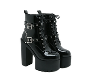 14CM Women Chunky Ankle Boots Leather cosplay Round Toe Platform Knight Boots Shoes High Heels Black White Thick Heel Lace Up