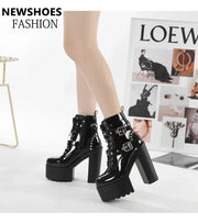 14CM Women Chunky Ankle Boots Leather cosplay Round Toe Platform Knight Boots Shoes High Heels Black White Thick Heel Lace Up